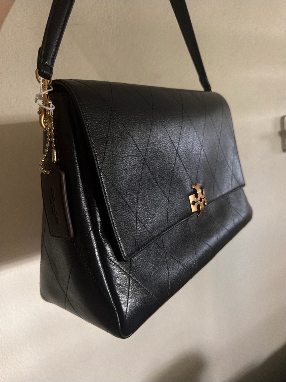Tory Burch Black Quilted large Charlie shoulder Bag with Gold Logo